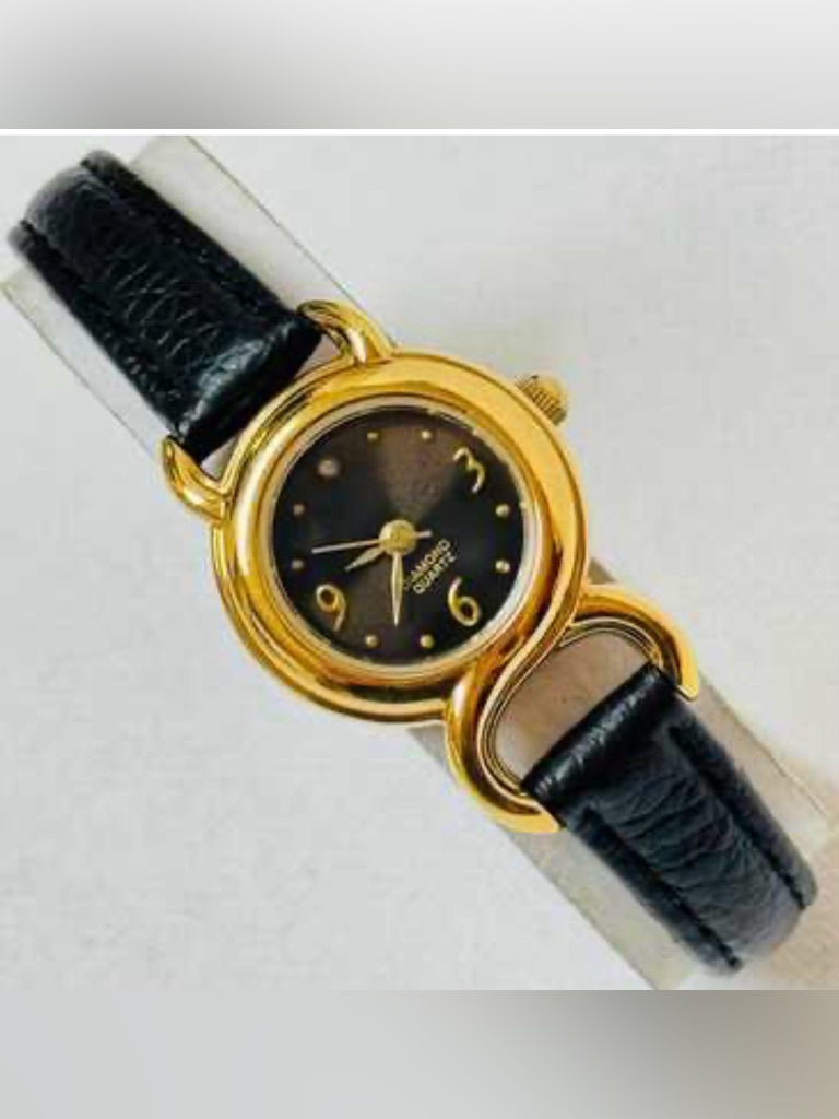 GoldTone Black Diamond Dial Womens Leather Strap Watch
